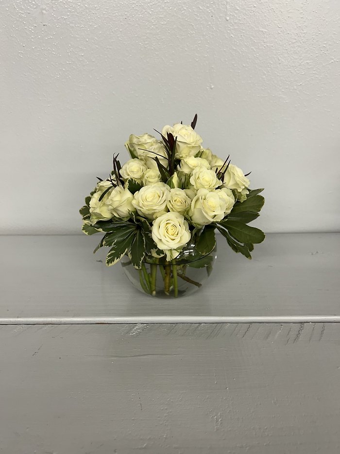 White Spray Roses in Bubble Bowl