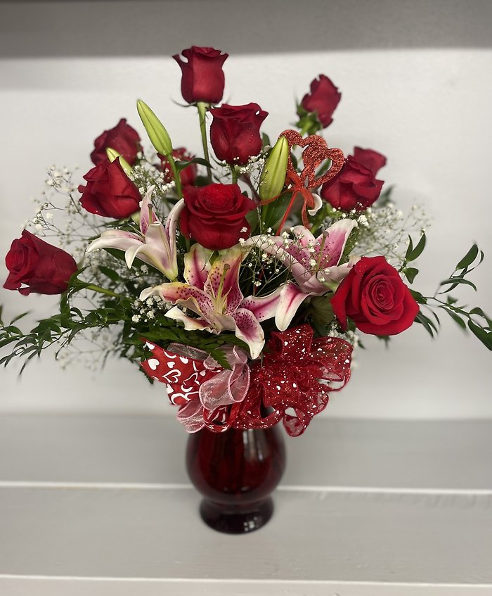 Dozen Red Roses with Stargazer Lilies